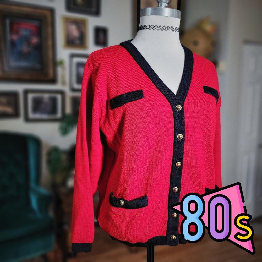 Jaeger Cardigan Sweater Vintage 80s Red Wool Gold Button Power Suit Jacket Small